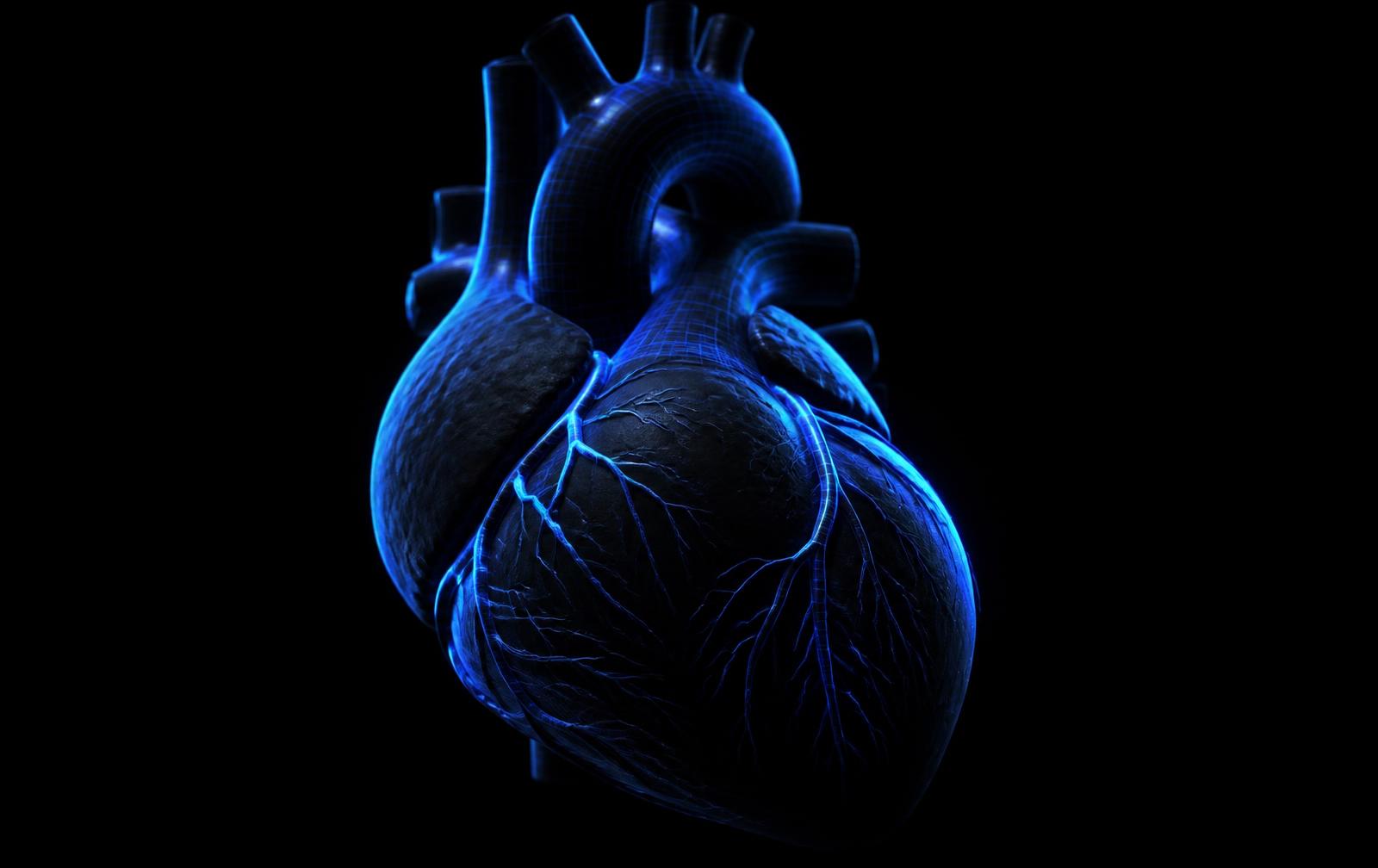 Dark cinematic 3D render of a human heart with neon-lit coronary arteries